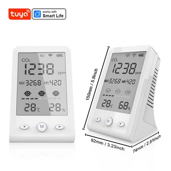 투야 스마트 홈 와이파이 공기질 감지기, 3 인 1, CO2 온도, 습도 LCD, 1600mAh USB 실시간 감지 경고 앱, 가정 및 사무실용
