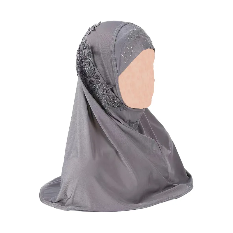 Muslim Pullover Hat Solid Color Sparkling Diamond Lace Flower Middle Eastern Beauty Girl Headband Cover