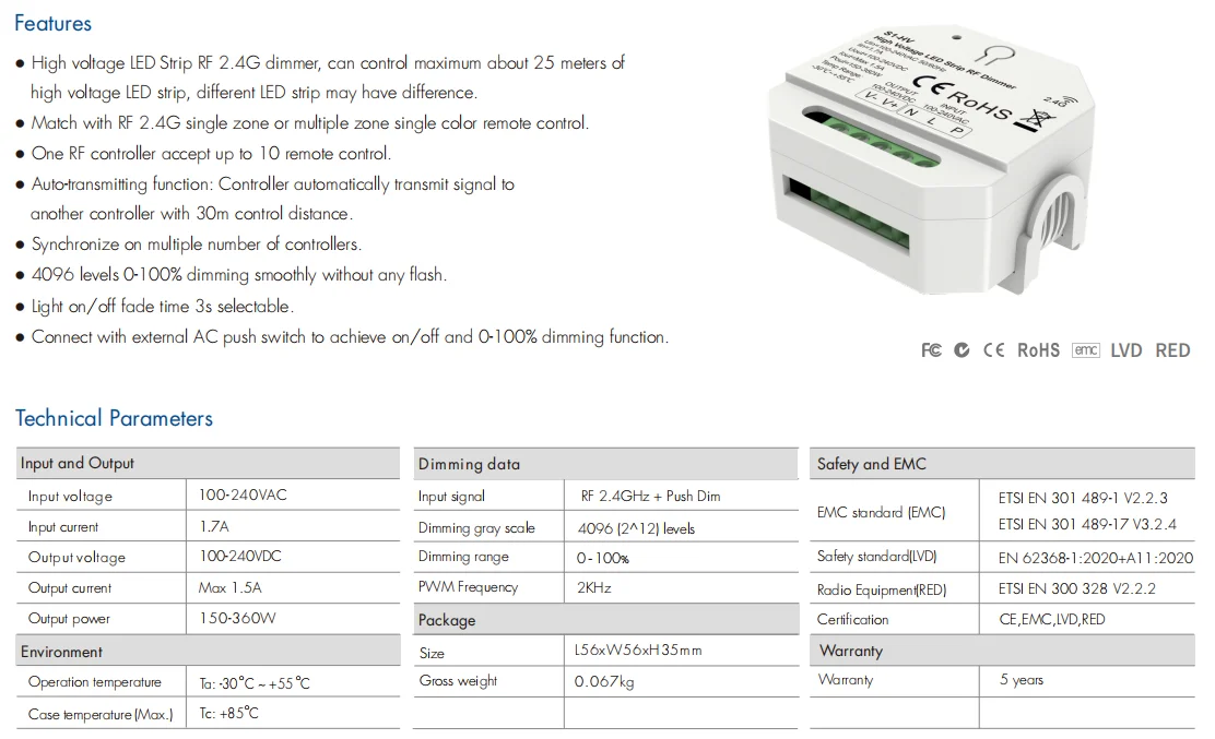 S1-HV 1 channel 100V 220V 240V RF wireless Led controller single color High voltage Led dimmer smart Push Dimmer 1.5A din rail