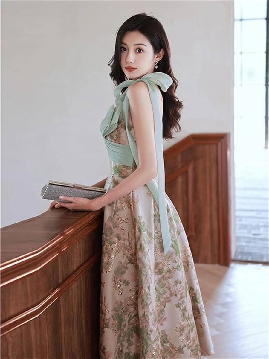 

Woman Spaghetti Strap Evening Dress French Floral Print Party Formal Ball Gown Vestidos De Fiesta