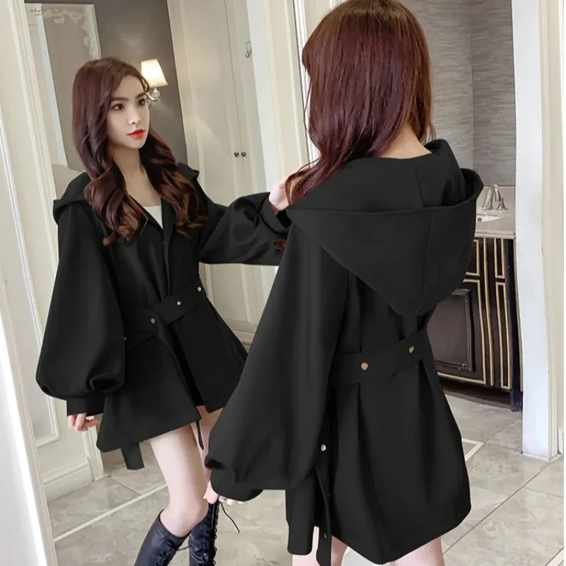 Trench Coat Women 2022 Spring Autumn Fashion All-match Hepburn Windbreaker Jacket Female Hooded Waist Lantern Sleeve Outerwear