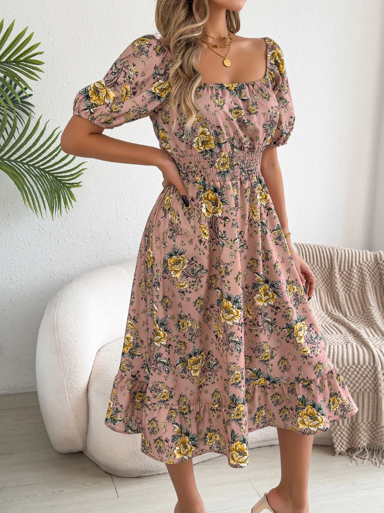 Floral Print Midi Dress for Women Pink Blue