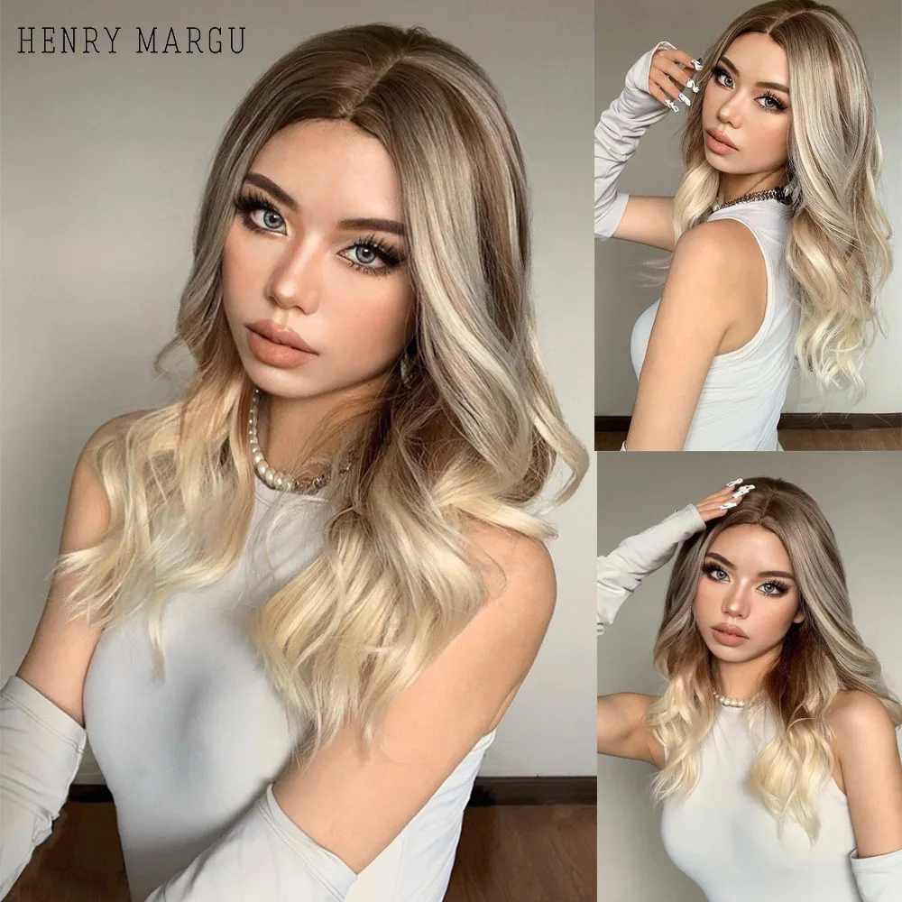 HENRY MARGU Synthetic Ombre Wig for Women Brown Blonde Highlights Natural Hair Wig Middle Part Long Wave Wigs Heat Resistant