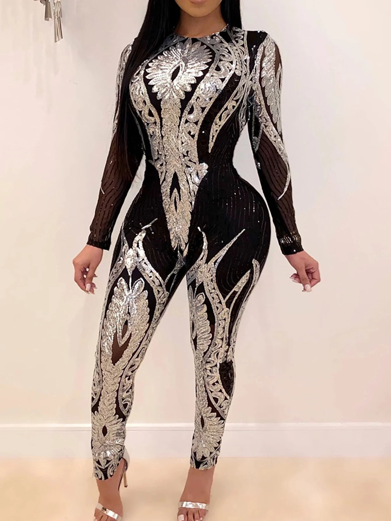 Sexy Long sleeve Sequin bodycon jumpsuit women body bodysuit one piece birthday party nightclub outfits womens jumpsuits overall