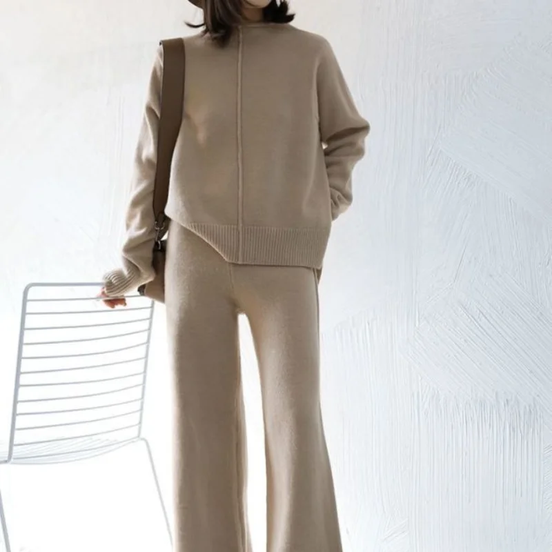 Thickened Knitted Suit 2023 New Loose Sweater Temperament High Waist Knitted Wide Leg Pants Women's Fashion Two Piece Set