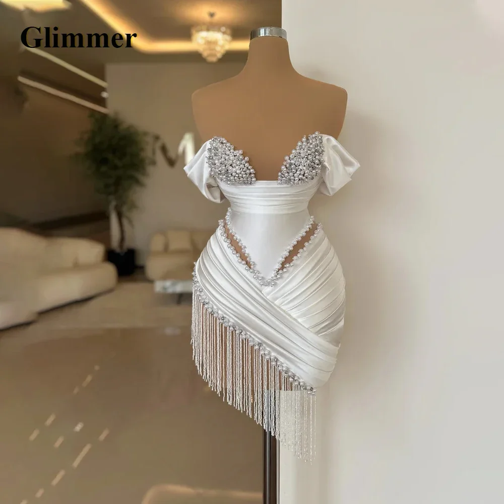 Cocktail Dresses Tassel Off the Shoulder Tassles Prom Dresses Sweetheart Pleat Glimmer Chic Pearls Vestidos De Gala Customised prom dresses prom dress