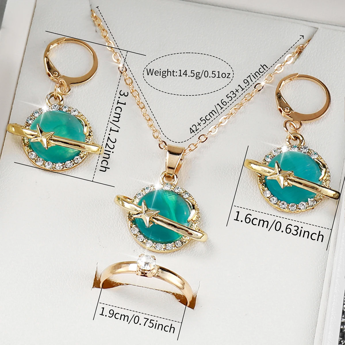 Women Green Leather Strap Quartz Watch Star Jewlery Set 4pcs