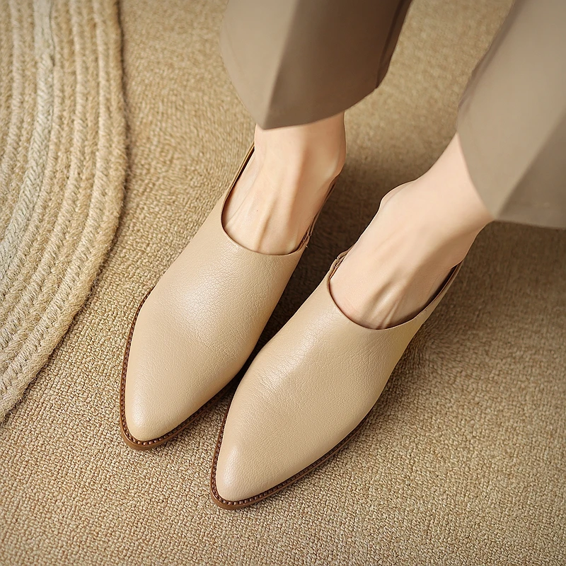 

Ladies Muller Genuine Leather Sheepskin Women Shoes Spring Slippers Slip-On Vintage Simple Apricot Shoes PointedToe Woman Mules