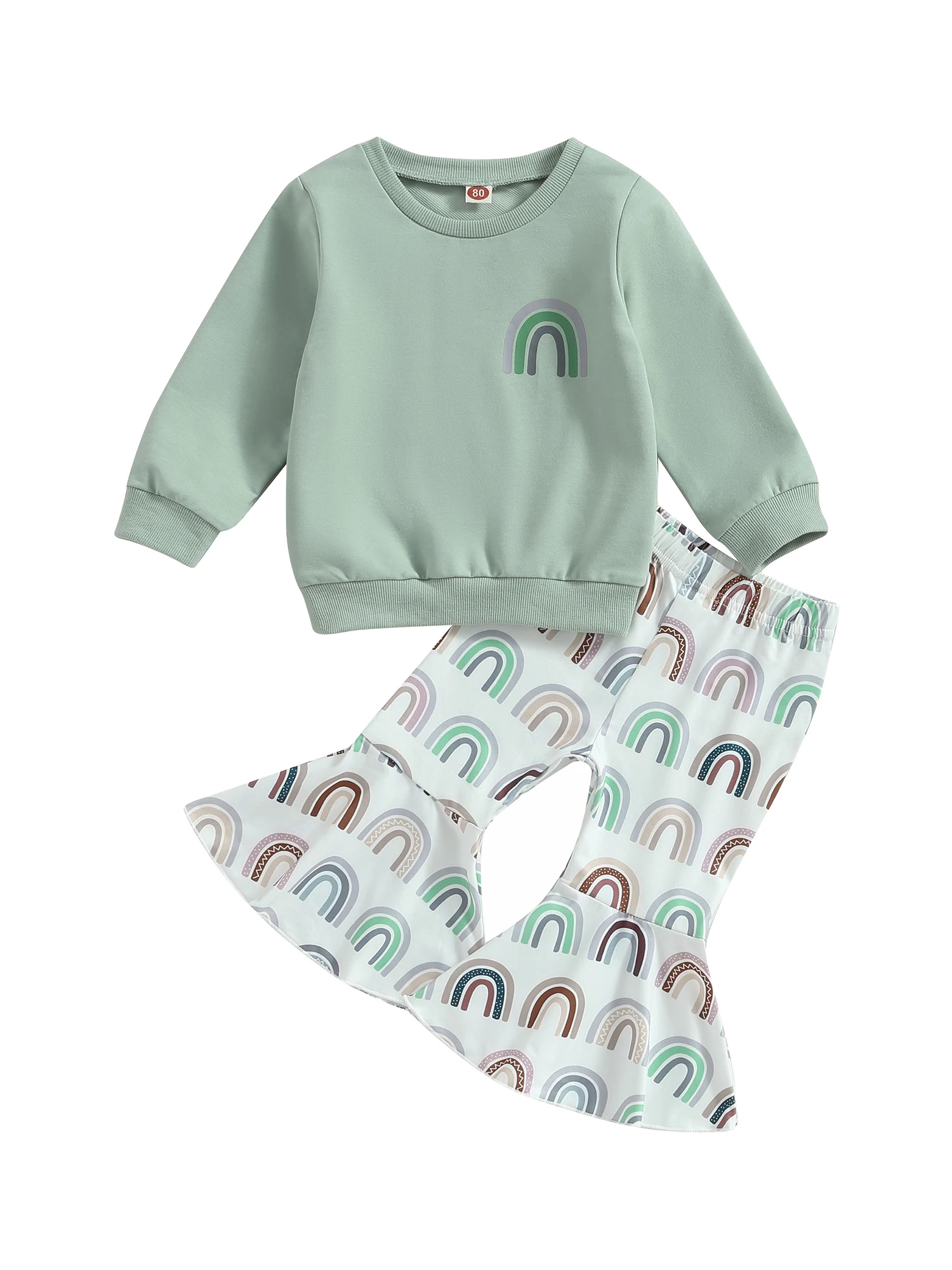

Baby Girl Long Sleeve Crewneck Sweatshirt Tops and Floral Print Bell Bottoms Set - Adorable Fall Winter Outfit with a Rainbow