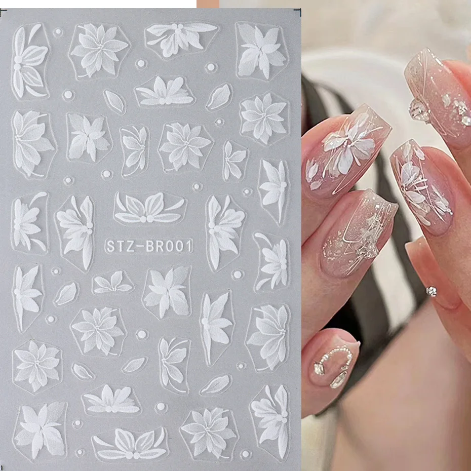 3D White Flower Nail Art Stickers Cute Floral Adhesive Sliders Acrylic Decoration Decals DIY Nail Charms Adhesive Accessories 5
