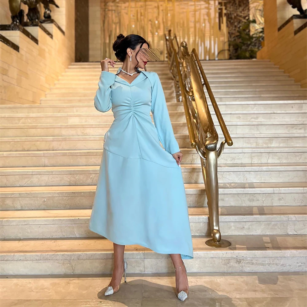 

MOBUYE 2024 Arab Dubai V Prom Dress Tea Length With Long Sleeves Evening Fashion Elegant Party Dress For Women