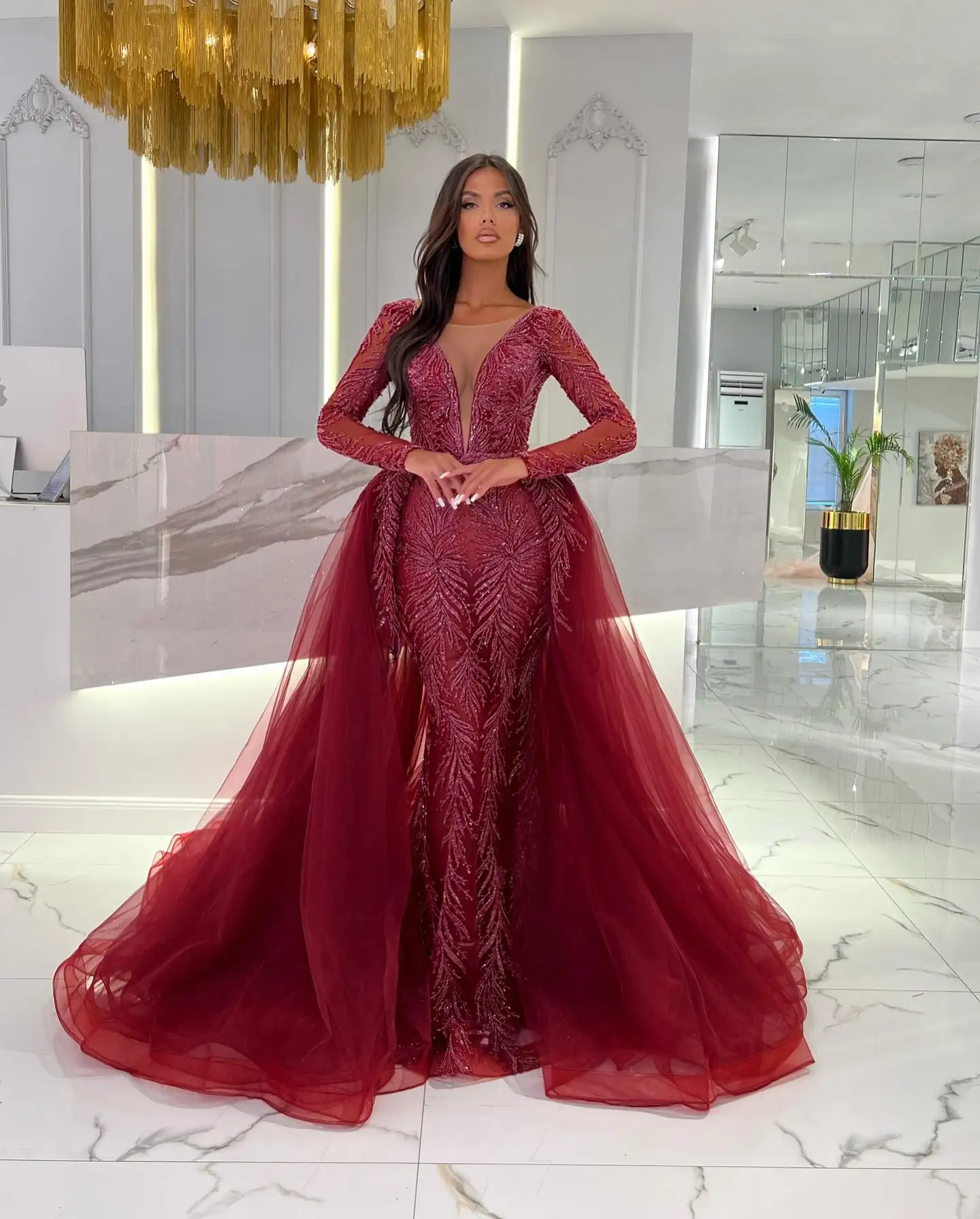 

Linyang Red V Neckline Tight Prom Dress Long Shawl Sleeves With Floor Length Evening Summer Elegant Party Dress For Women 2023