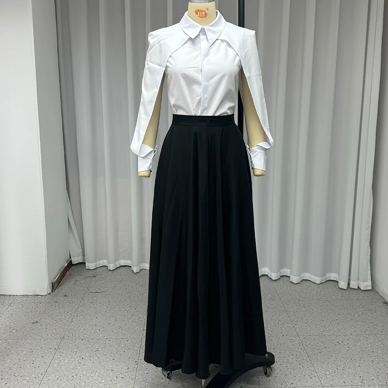 Wefads Autumn Winter Two Piece Set Elegant Solid Long Sleeve Hollow Out Laple Shirt Top Loose Black Dress Sets Women Clothing 4