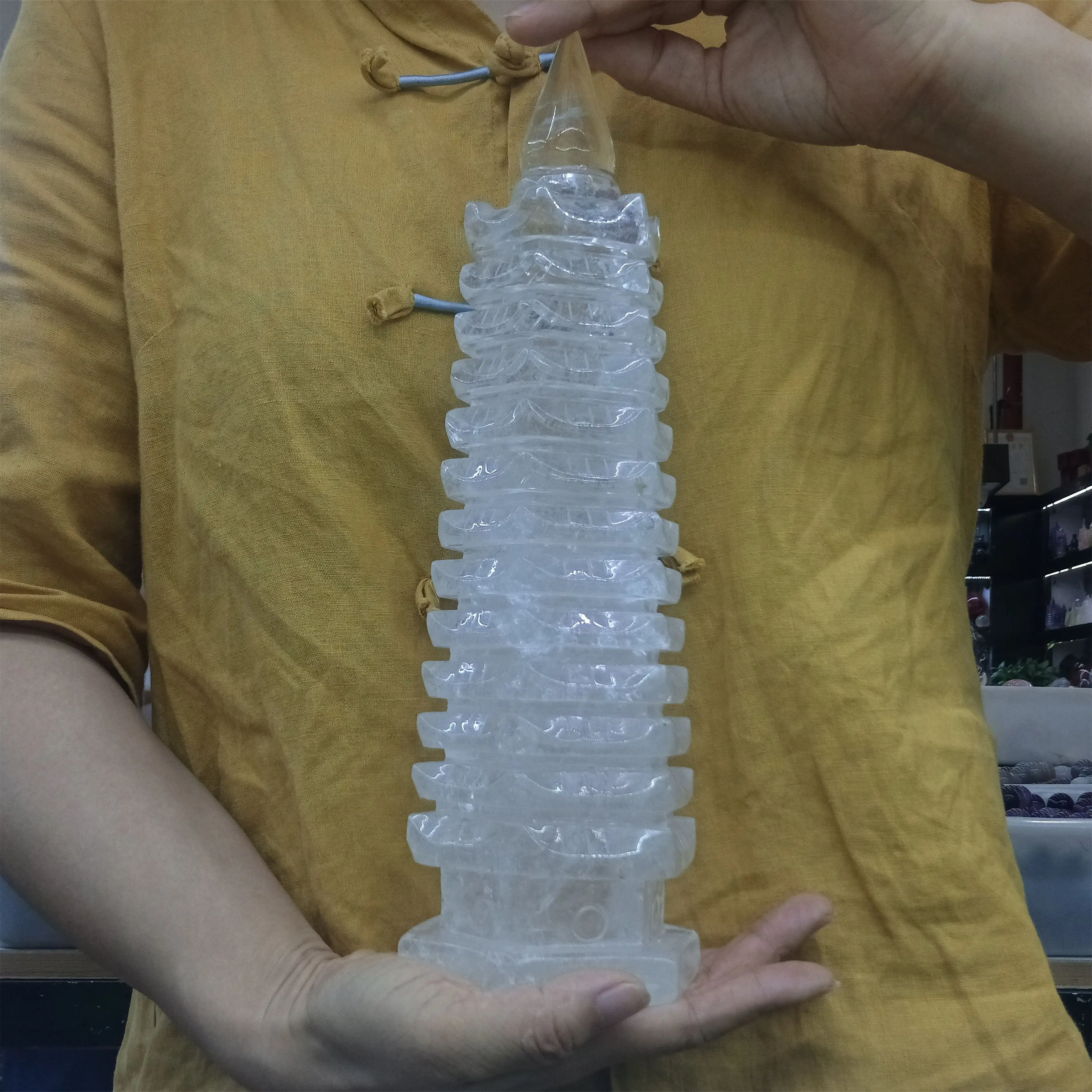 

1pc Natural White Crystal Transparent Quartz Hand-carved Wenchang Tower Home Office Decoration Mineral Reiki Healing Feng Shui