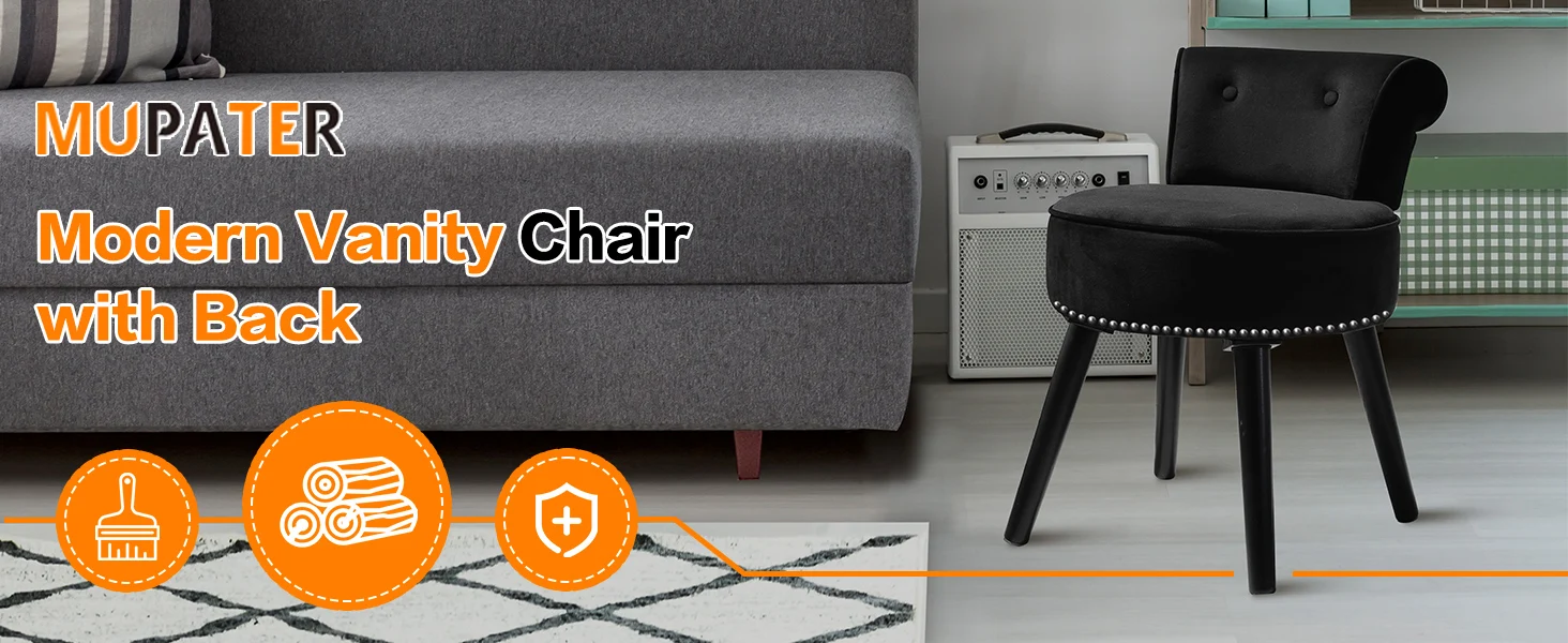 Description Picture 4 of itemMUPATER Makeup Vanity Stool Chair with Low Back, Round Velvet Padded Chair with Wood Legs, Black
