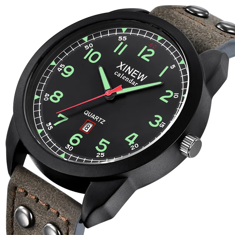 Wholesale 5pcs / lot XINEW Brand Men Watches Black Boys Fashion Casual Leather Band Military Date Quartz Watch Reloj Hombre