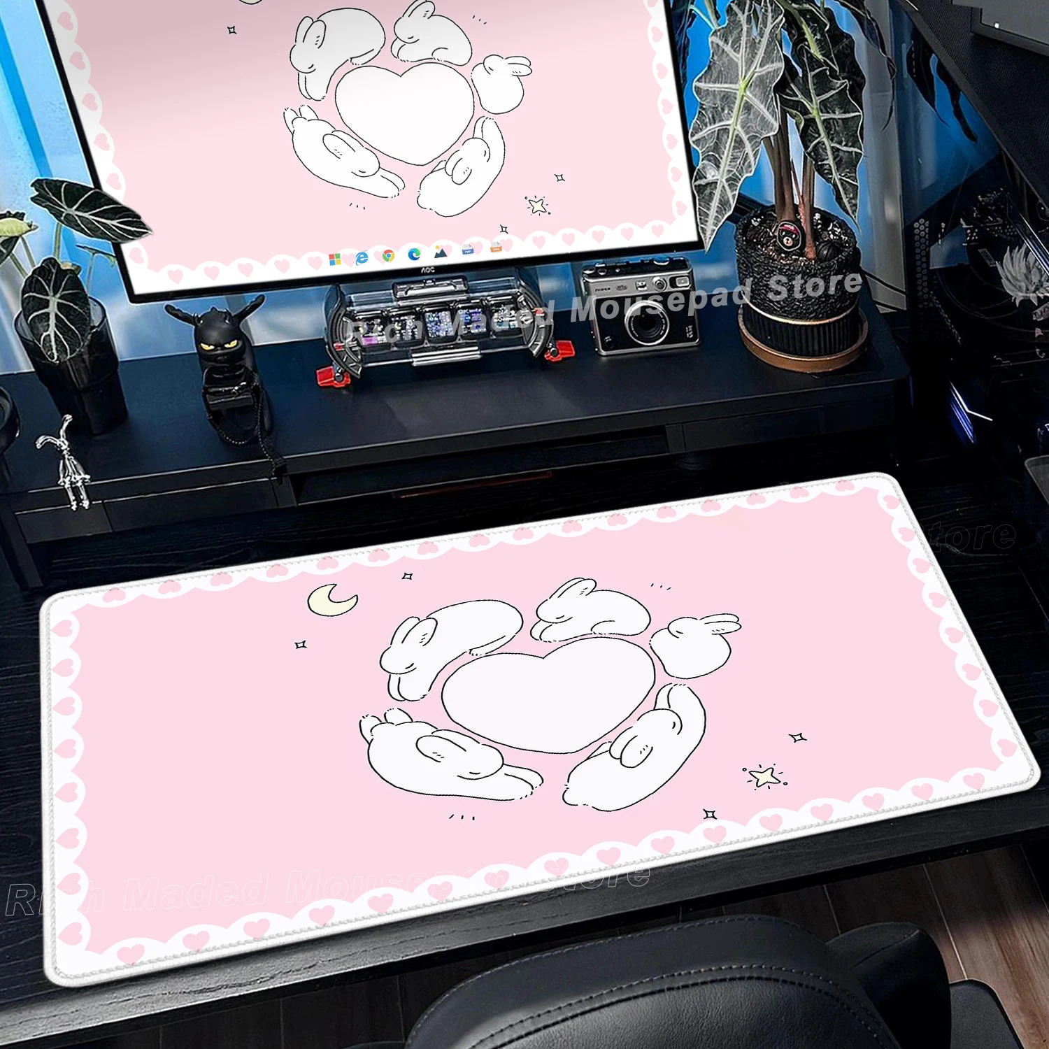 Pink Rabbit XXL Cute Love Gaming Mouse Pad - Non-Slip Soft Surface Desk Mat for Home and Office Decor