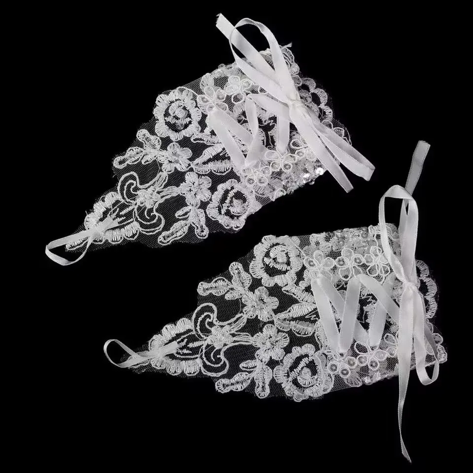 Lace Wedding Dress Gloves Short Bridal Fingerless Inlaid Rhinestone Bowknot