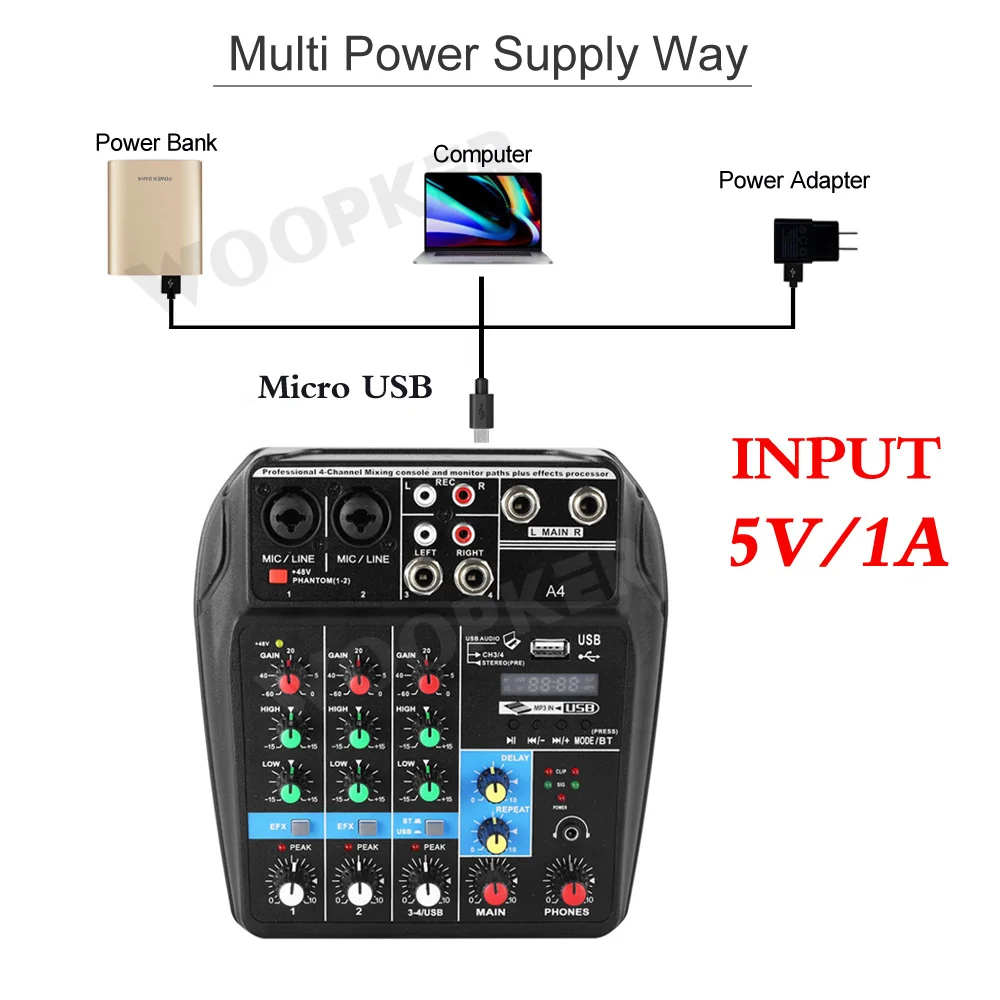 Woopker Wireless 4 Channel Audio Mixer A4 Portable Bluetooth-compatible USB Sound Mixing Console 48V Phantom Power