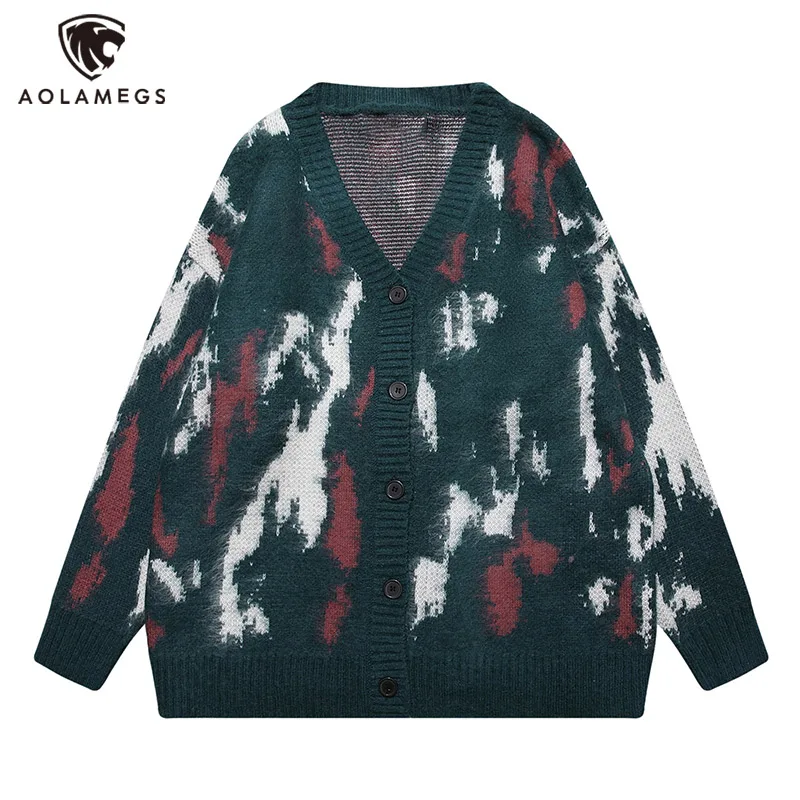 

Hip Hop Colorblock Jacquard Mohair Sweater Jackets for Men Oversized V-neck Button Knit Cardigan Autumn Winter Fashion Knitwear
