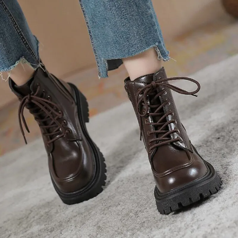 Classics Women Ankle Boots 2023 Platform Shoes for Woman  Fashion Round Toe Thick Sole Retro Lace Up Ankle Boots Botas De Mujer