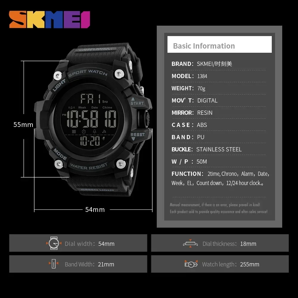 SKMEI 1384 Sport Watch Stopwatch Count Down Mens Digital Watches Soft Clock For Male reloj hombre with Shockproof 2 Time 6