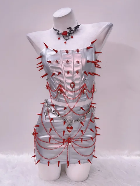 Red Spikey Silver Top and Skirt Set 5