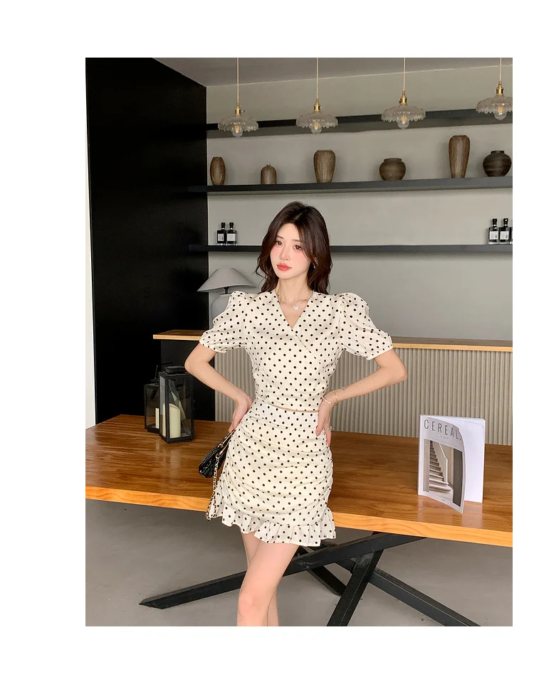 New Summer Two-piece Skirt Set Women Elegant Polka Dot V-neck Cropped Top Bodycon Short Skirt Y2K Sexy Korean Fashion Outfits