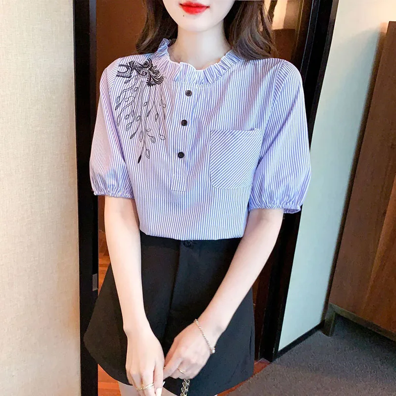 Fashion Printed Spliced Pockets Ruffles Embroidery Striped Blouse Women's Clothing 2024 Summer New Casual Pullovers Korean Shirt