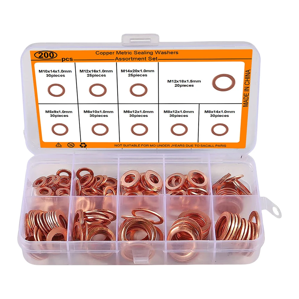 Description Picture 6 of item200Pcs Copper Washer Gasket Nut and Bolt Set Solid Pure Copper Washers M5 M6 M8 M10 M12 M14 Motorcycle Sump Flat Sealing Spacers