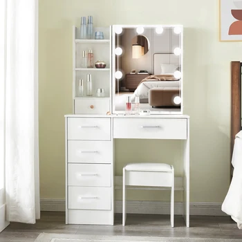 Dressing Table LED Mirror Makeup Dresser Vanity Furniture With 5 Drawers Stool