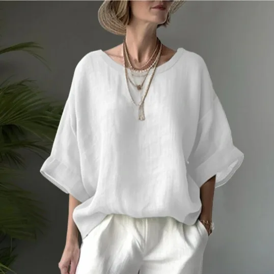 Summer New Solid Color Cotton Comfortable Shirt And Blouses Women Casual O Neck Hemp Drop Shoulder Loose Women's Large Shirts