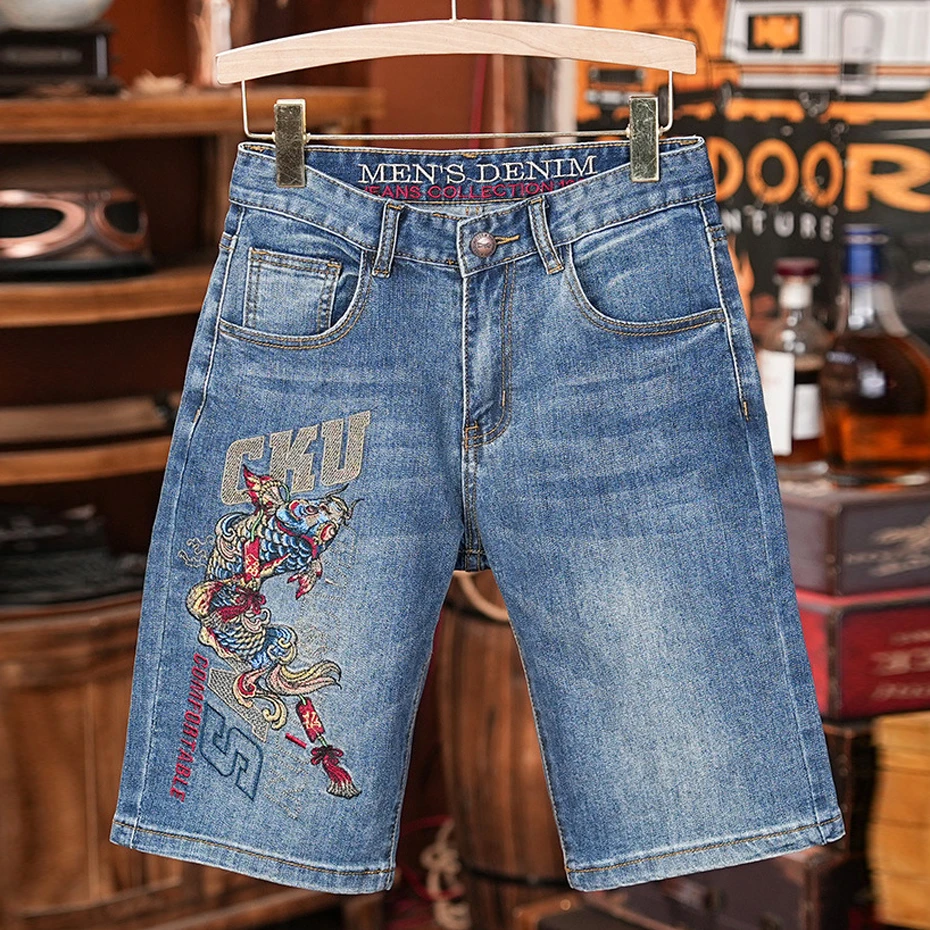 44 Plus Szie Denim Shorts Men Summer Fish Embroidery Jean Shorts Fashion Streetwear Carp Embroidery Short Pants Male Big Size 44