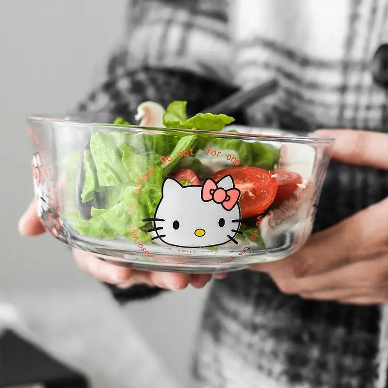 

Sanrios Kawaii Hello Kittys Y2K термостойкая прозрачная стеклянная чаша мультяшная Бытовая детская чаша для риса каши салата фруктов