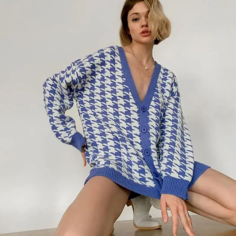 

Houndstooth Single Breasted Sweater Women Deep V-Neck Long Sleeve Loose Casual Knitted Cardigan New Fashion Autumn Winter Warm