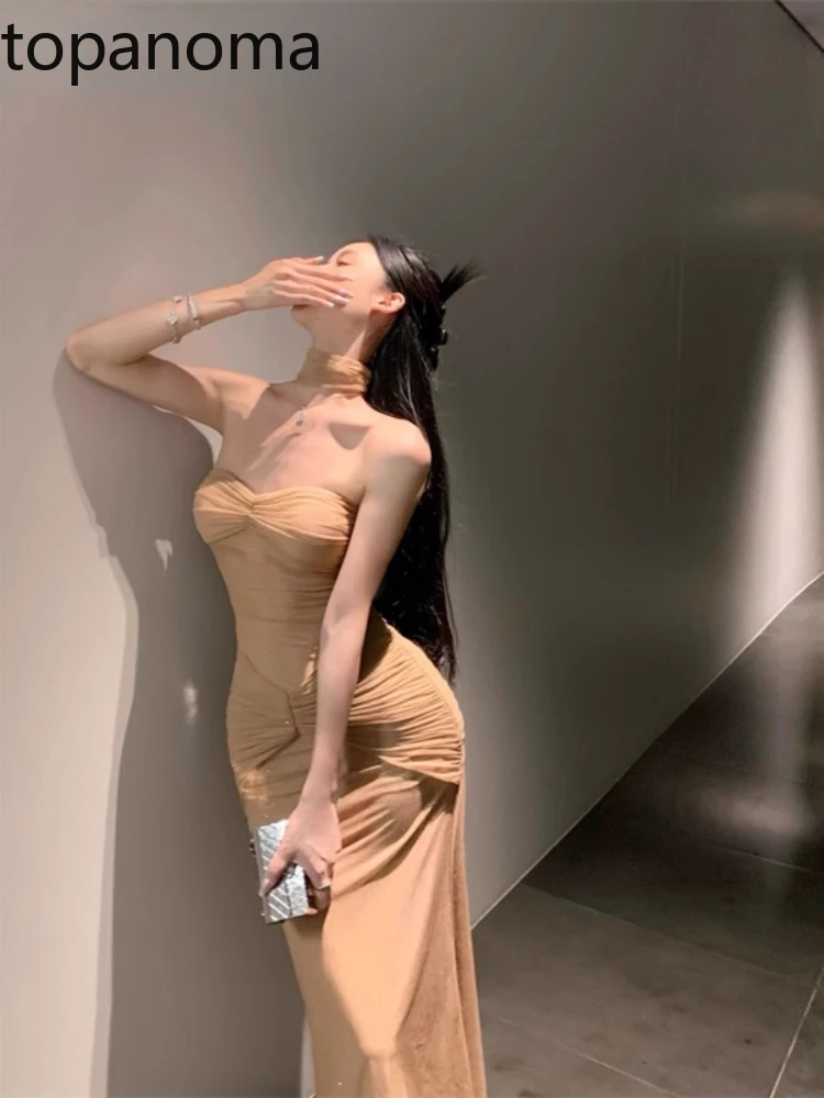 

Topanoma Evening Dresses Women Strapless Vintage Sexy Elegant Backless Slim Ruched Cocktail Dress Wedding Party Temperament