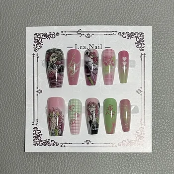 Lea.Nail Anime-Inspired Press-On Nails: Pink & Green Gradient Art with Hearts, Floral & Anime Designs | Cosplay-Ready 3D Accents 1