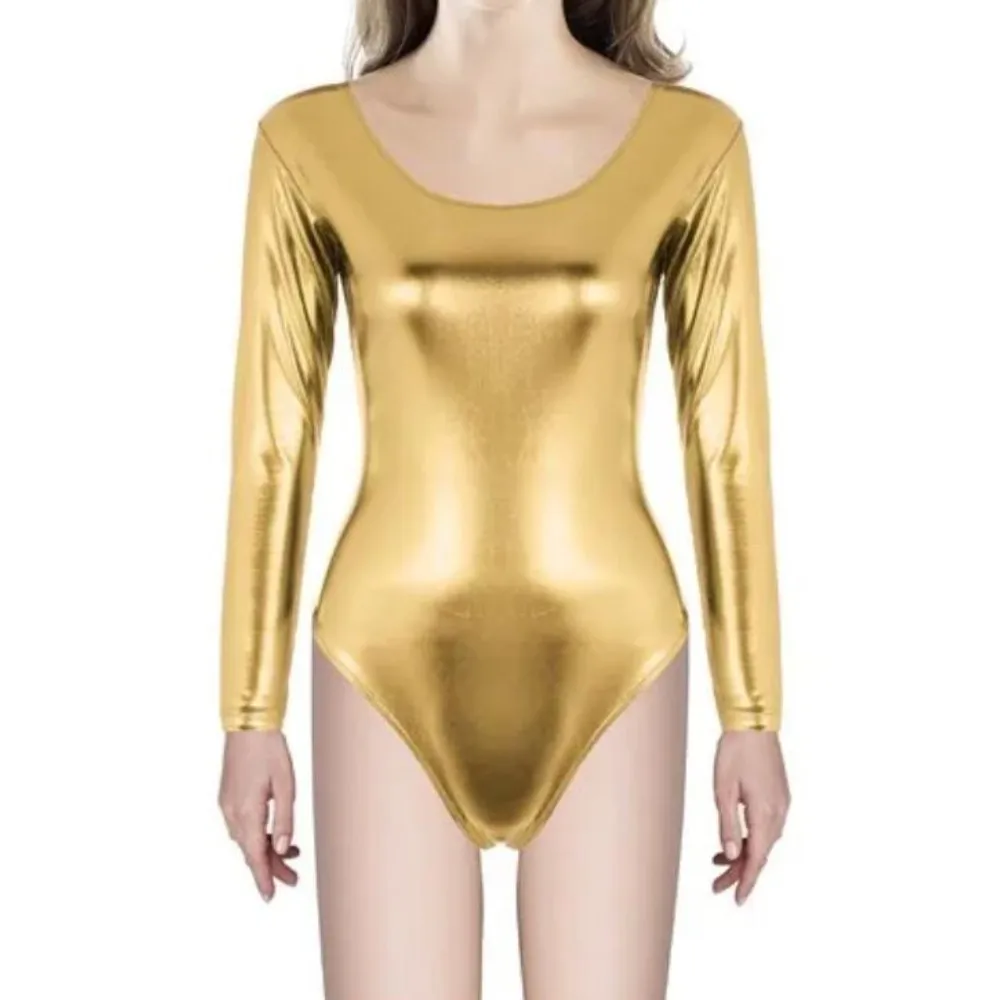 Sexy Shiny Metallic Unitard Ballet Dance Wear Long Sleeve Unitard Women