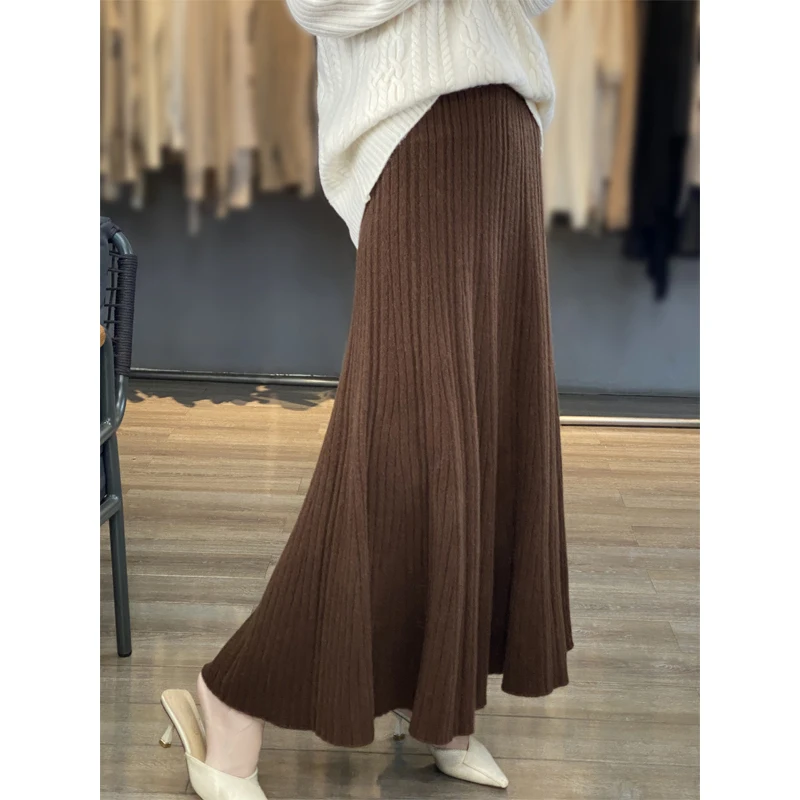 100% Merino Wool Sweater Knitted Mid-Length Skirt 2023 New Autumn And Winter Women's Versatile Commuter Striped A-Line Skirt