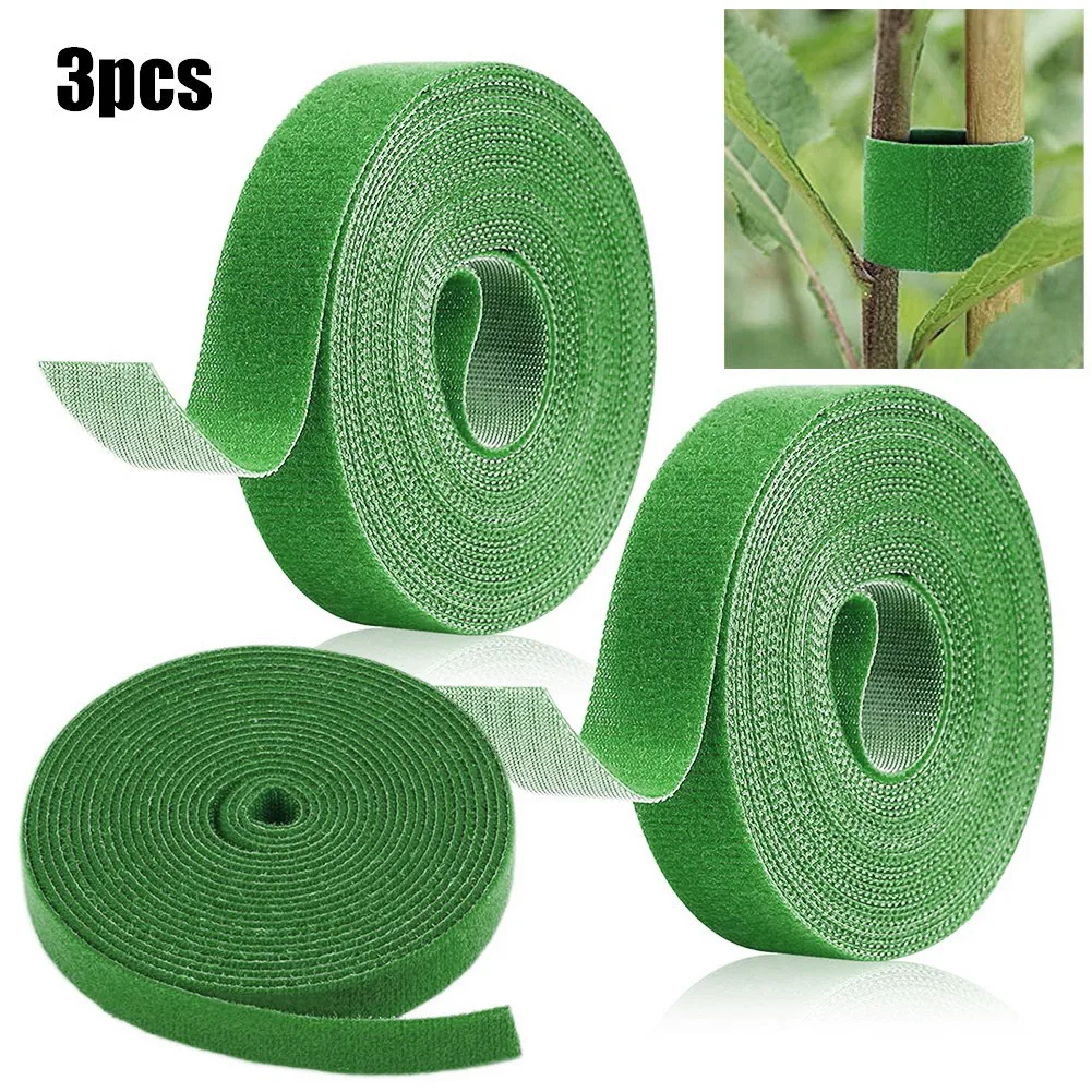 3pcs 5m Green Tie Tape Plant Ties Hook Loop Garden Plant Bamboo Cane