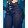 High Waist Drawstring Skinny Jeans Tight Fit Butt Lifting Cotton Stretch Denim mid Eyelet Laceup Deep Color for Women
