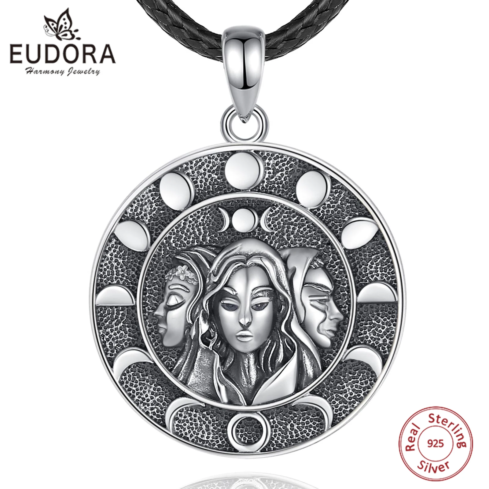 

Eudora 925 Sterling Silver Triple Moon Goddess Necklace Vintage Moon Phase Hecate Amulet Pendant Wiccan Jewelry Gift for Man