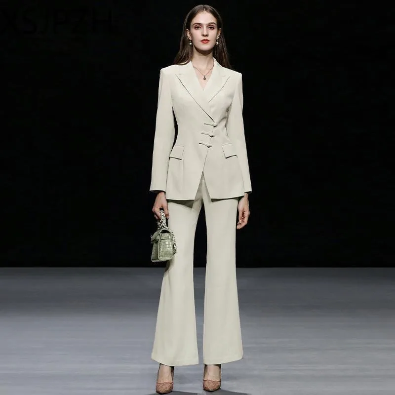 Chinese Style Disc Buckle Office Lady Blazers Set 2023 Spring Autumn New Designer Suit Bell-bottoms Pant Two Piece Female Tide