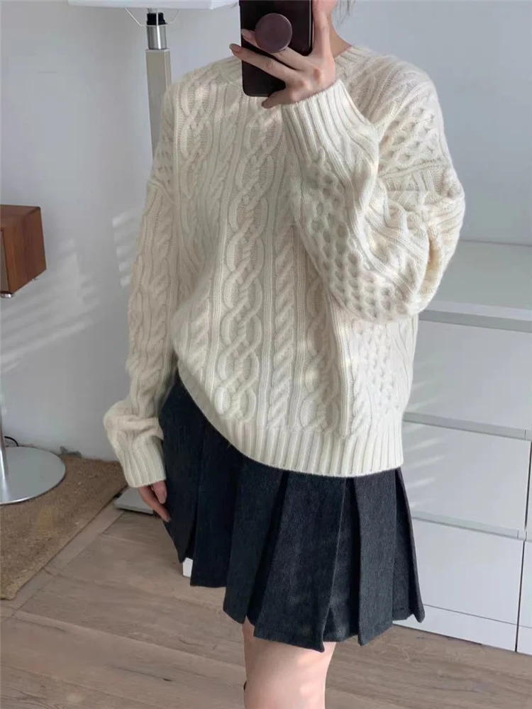 Korean Fashion O-Neck Sweater Women's 2024 Autumn/Winter New Round Neck Pullover 100% Wool Cashmere Knit Sweater Loose Warm Tops 6