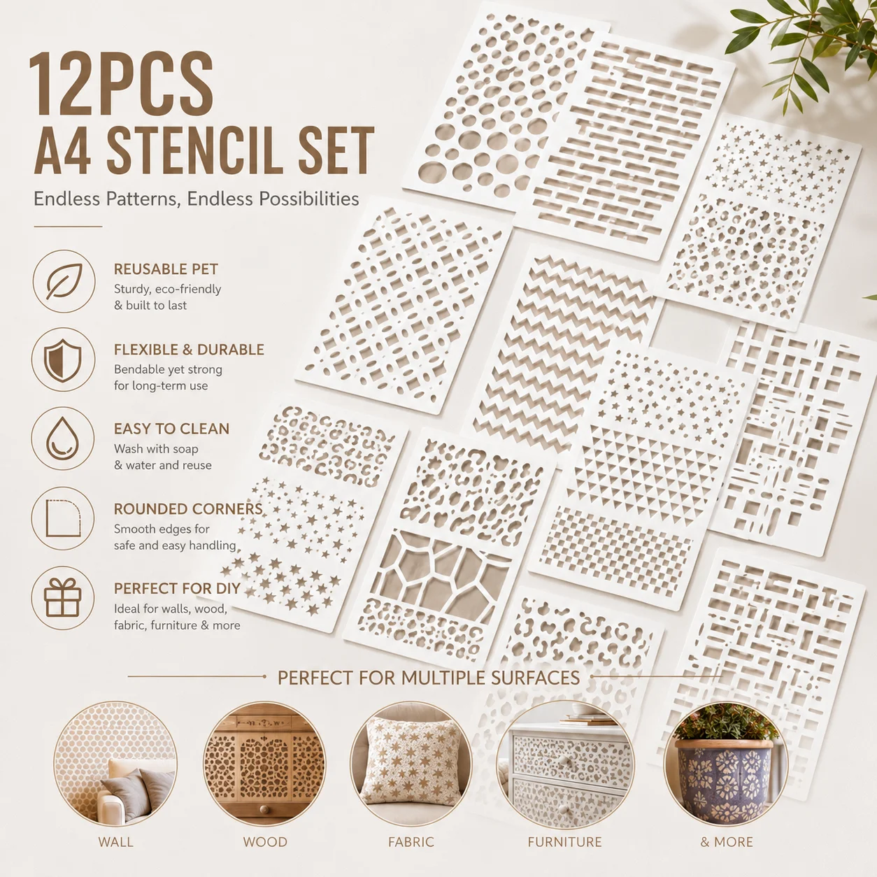 12PCS A4 기하학적 패턴 스텐실 8.3 x 11.7인치 플라스틱 페인팅 템플릿 (벽, 목재, 패브릭, 가구 DIY 공예용)