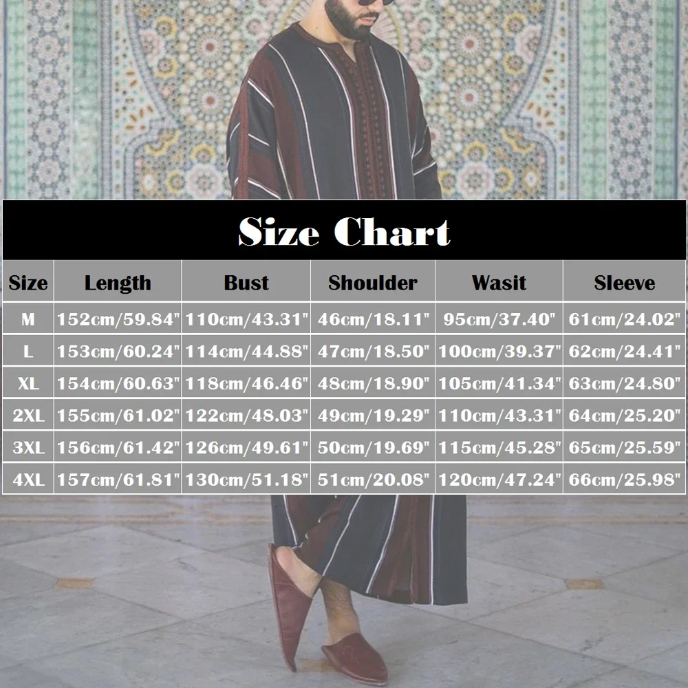 Men Vintage Abaya Arabic Muslim Long Robes Islamic Clothing Loose Shirt Jubba Thobe Stripe Saudi Arab Middle East Muslim Dresses - Image 2