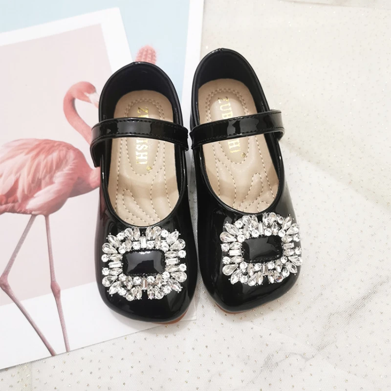 

School Shoes for Girls Black Rhinestone Princess Children Mary Jane Solid Color Shallow Leather Non-slip Kid Causal Single Shoes