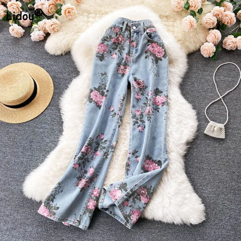 WomensClothingKoreanFloralPrintedDenimPantsFashionableCasual