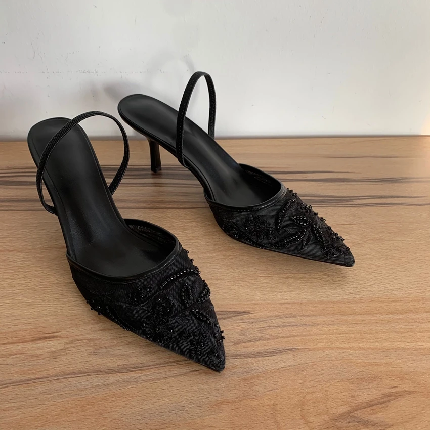 2025 New Black Woman Embroidered Mesh High Heels Shoes Fashion Print Stiletto Women High-heel Pumps Sexy Pointed Toe Sandals