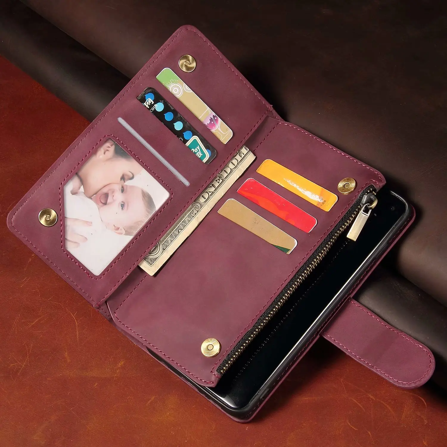 Luxury Leather Wallet with Magnetic Zipper - Retro Flip Card Stand Mobile Case